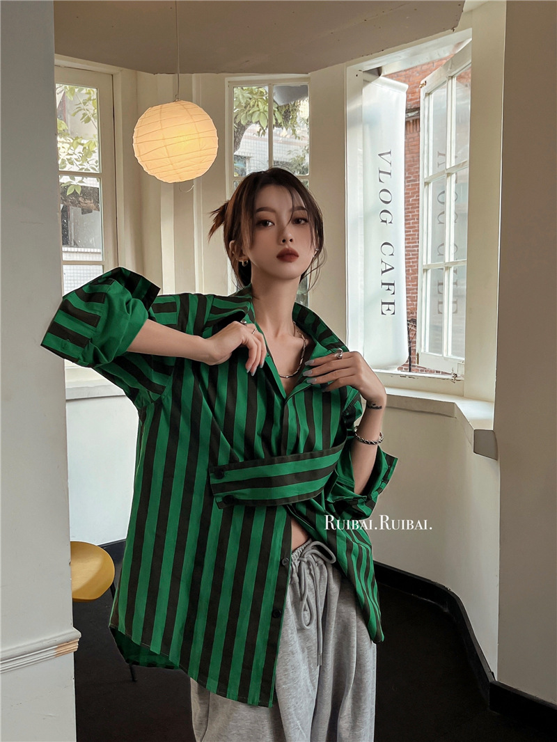 Korean striped shirt with asym - Embroidery Online ulasan dan harga